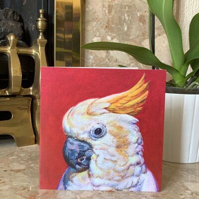Cockatoo Greeting Card, Sulphur Crested Cockatoo, Cheeky White Bird, Colourful Red White Yellow Bird Painting