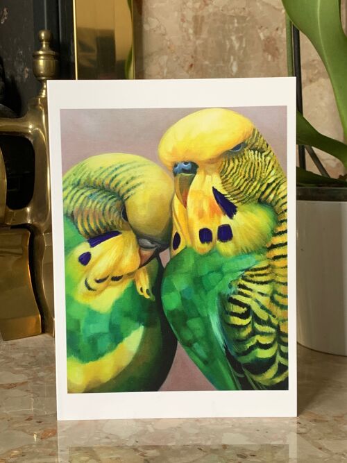 Budgie Greeting Card  or Valentine. Art Deco, Blank Inside, de Lempicka Style, from Oil Painting