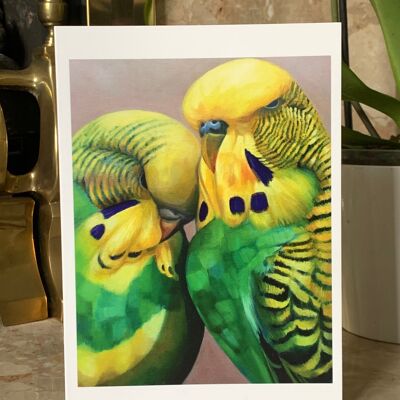 Budgie Greeting Card  or Valentine. Art Deco, Blank Inside, de Lempicka Style, from Oil Painting