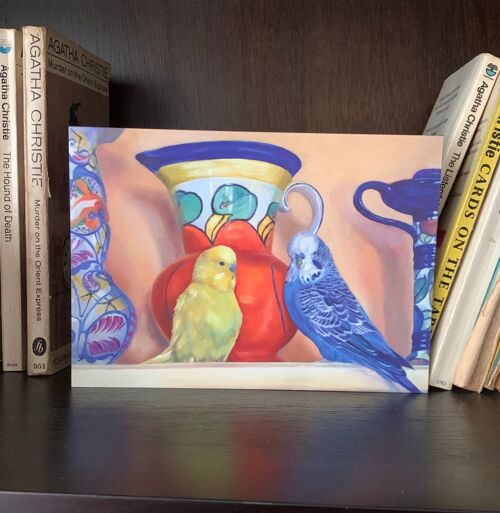 Budgerigar Oil Painting Greeting Card, Art Deco Ceramics, Blue Budgie, Yellow Budgie, Still life, Bird Jug