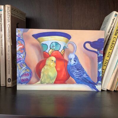 Budgerigar Oil Painting Greeting Card, Art Deco Ceramics, Blue Budgie, Yellow Budgie, Still life, Bird Jug
