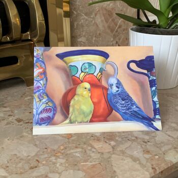 Carte de voeux de peinture à l'huile de perruche, céramique d'art déco, perruche bleue, perruche jaune, nature morte, cruche d'oiseau 2
