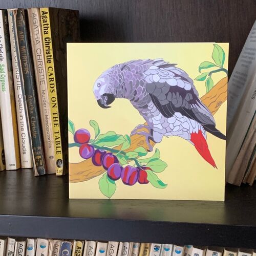 African Grey Parrot, Blank Greeting Card, Parrot Gift, Modern Graphic Japanese Style From Original Acrylic Painting - Plum Parrot