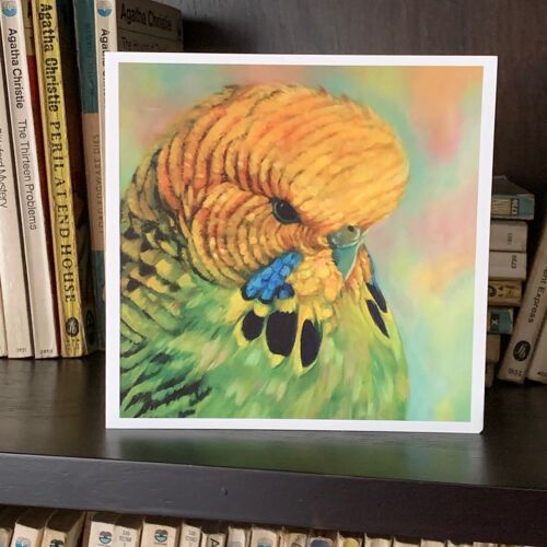 Budgie Greeting Card, From Original Parakeet Oil Painting 'Olive' by Budgerigardener. Perruche, Wellensittich, Colourful Modern Fine Art