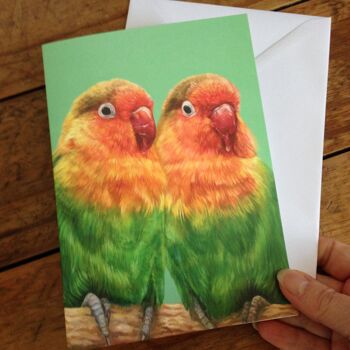 Carte de voeux inséparable, carte d'art oiseau, carte de la Saint-Valentin, carte de perroquet vierge, Liebesvogel, Tropical | Oiseaux de peinture à l'huile 1