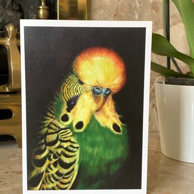 Green Budgerigar, Greeting Card, Oil Painting By Budgerigardener, Green Budgie, Parakeet, Perruche, Periquito, Caravaggio.Famous paintings