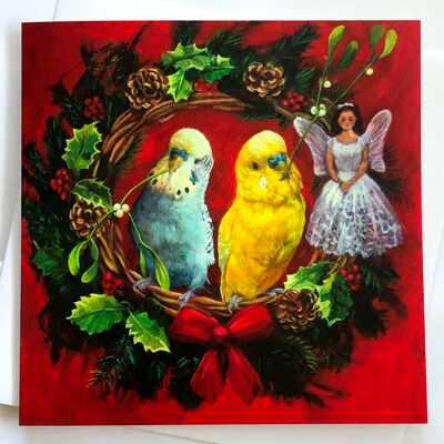 Budgie Christmas Cards, Budgie Parakeet Christmas Angel Cards, Holly and Misteltoe, Bird Art by Budgerigardener, Wellensittich Parkiet