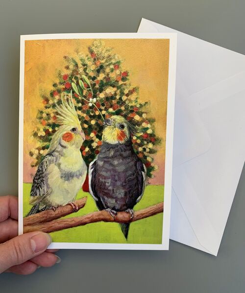 Cockatiel Christmas Card, Christmas Tree, Bird Christmas Card, Mistletoe Kiss, Blank Inside, Pet Bird, Nymphensittich, Valkparkiet