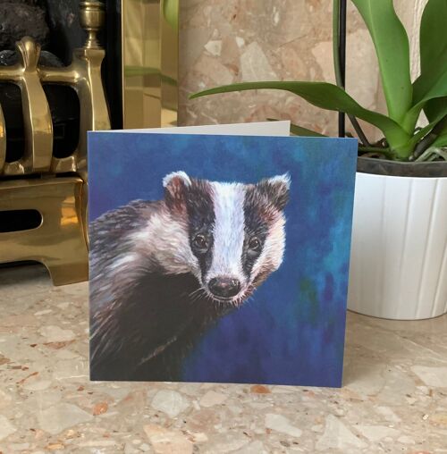 Badger Greeting Card - From Realistic Oil Painting - Blank Inside - British Wildlife - Black and White Animal Nocturnal Visitor