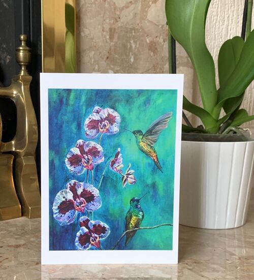 Hummingbird Greeting Card, Birds and Flowers, Blank Valentines Card, Orchids, Jungle Decor, Tropical Birds - From Original Painting