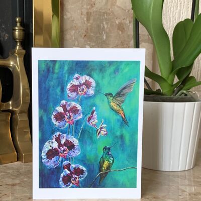 Hummingbird Greeting Card, Birds and Flowers, Blank Valentines Card, Orchids, Jungle Decor, Tropical Birds - From Original Painting