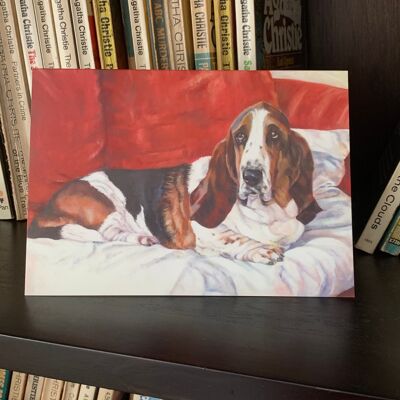 Basset Hound Greeting Card, Realistic Dog Art, Dog Humour, from Original Oil Painting  'Stanley's Seat'