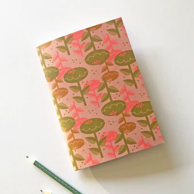 Rosa und grünes Blumen-Notizbuch im Vintage-Stil, 48 Seiten, A5, Flora