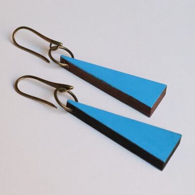 Blue triangle wood earrings