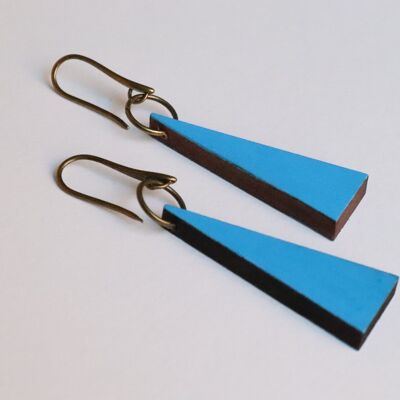Blue triangle wood earrings