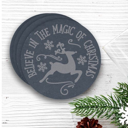 Engraved Slate Round Christmas Coaster, Christmas Magic