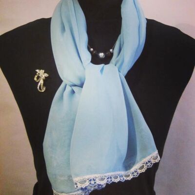 Baby Blue Chiffon Scarf With Floral Lace Trim