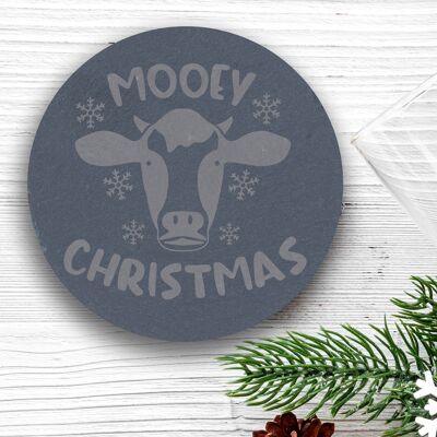 Engraved Slate Round Christmas Coaster, Fun Xmas Cow Coaster