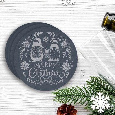 Dessous de verre de Noël rond en ardoise gravée, gnomes de Noël joyeux