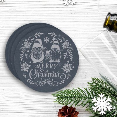 Engraved Slate Round Christmas Coaster, Merry Xmas Gnomes