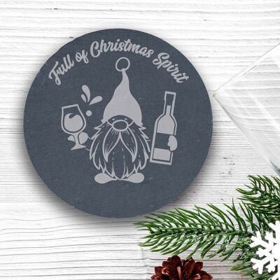 Engraved Slate Round Christmas Gnome Coaster,  Fun Xmas Gonk