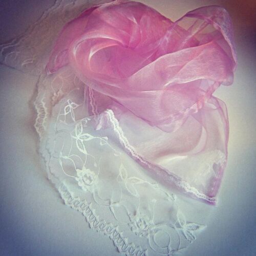 Pink Organza Scarf With White Lace Trim