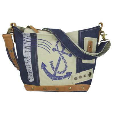 Petit sac en toile Sunsa pour femme. Sac à bandoulière fabriqué à partir de jeans et de toile recyclés. Sac à bandoulière avec motif maritime, ancre