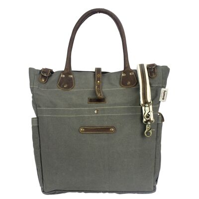 Sunsa shopper. Large sustainable shoulder bag in khaki green with leather handles