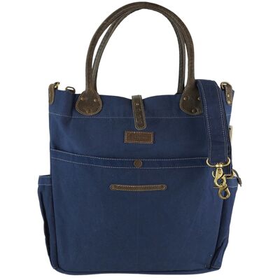 Sunsa shopper. Large sustainable shoulder bag in blue with leather handle + extra crossbody handle