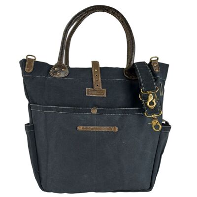 Sunsa shopper. Large sustainable shoulder bag in black with leather handle