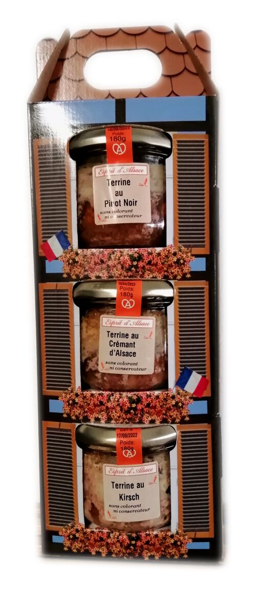 Lot 3 terrines dans une maisonnette alsacienne bleue terrine vendange tardive, terrine bière, terrine marc de gwt