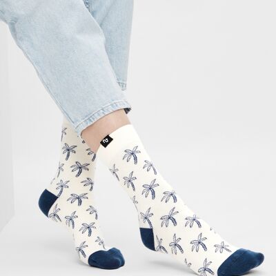 Organic socks with palm trees - White socks with a blue palm tree pattern, Palm Trees