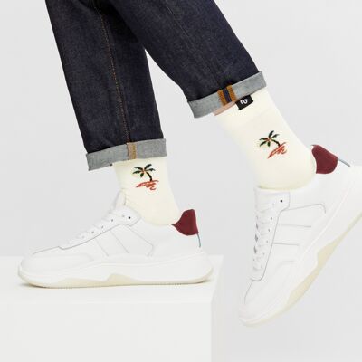 Bio-Socken mit Hawaii-Motiv - Weiße Socken mit Palmeninsel, Hawaii