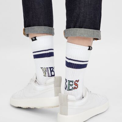 Organic socks The Vibes - white tennis socks with stripes and lettering