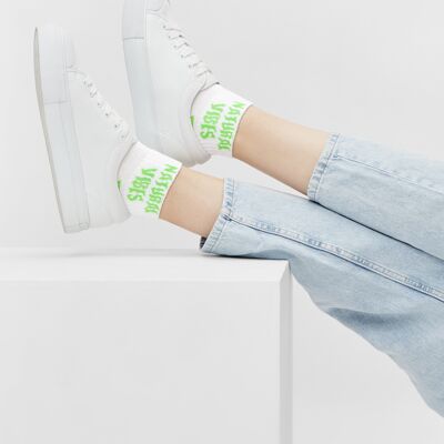 Short organic socks - white sneaker socks with neon green lettering, Natural Vibes
