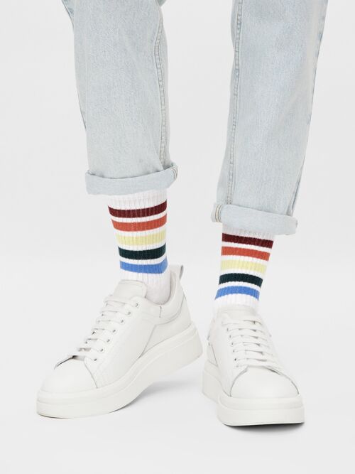 Bio-Socken mit bunten Streifen - Weiße Tennissocken mit Streifen, Veleta