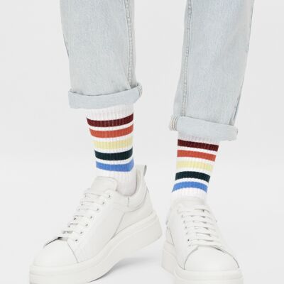 Organic socks with colorful stripes - White tennis socks with stripes, Veleta