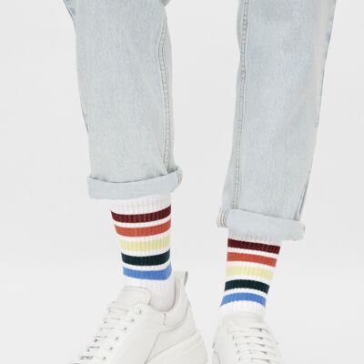 Bio-Socken mit bunten Streifen - Weiße Tennissocken mit Streifen, Veleta