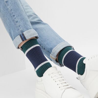 Bio-Socken mit Streifen - Tennissocken in Grün, Blau und Weiß, Amazona