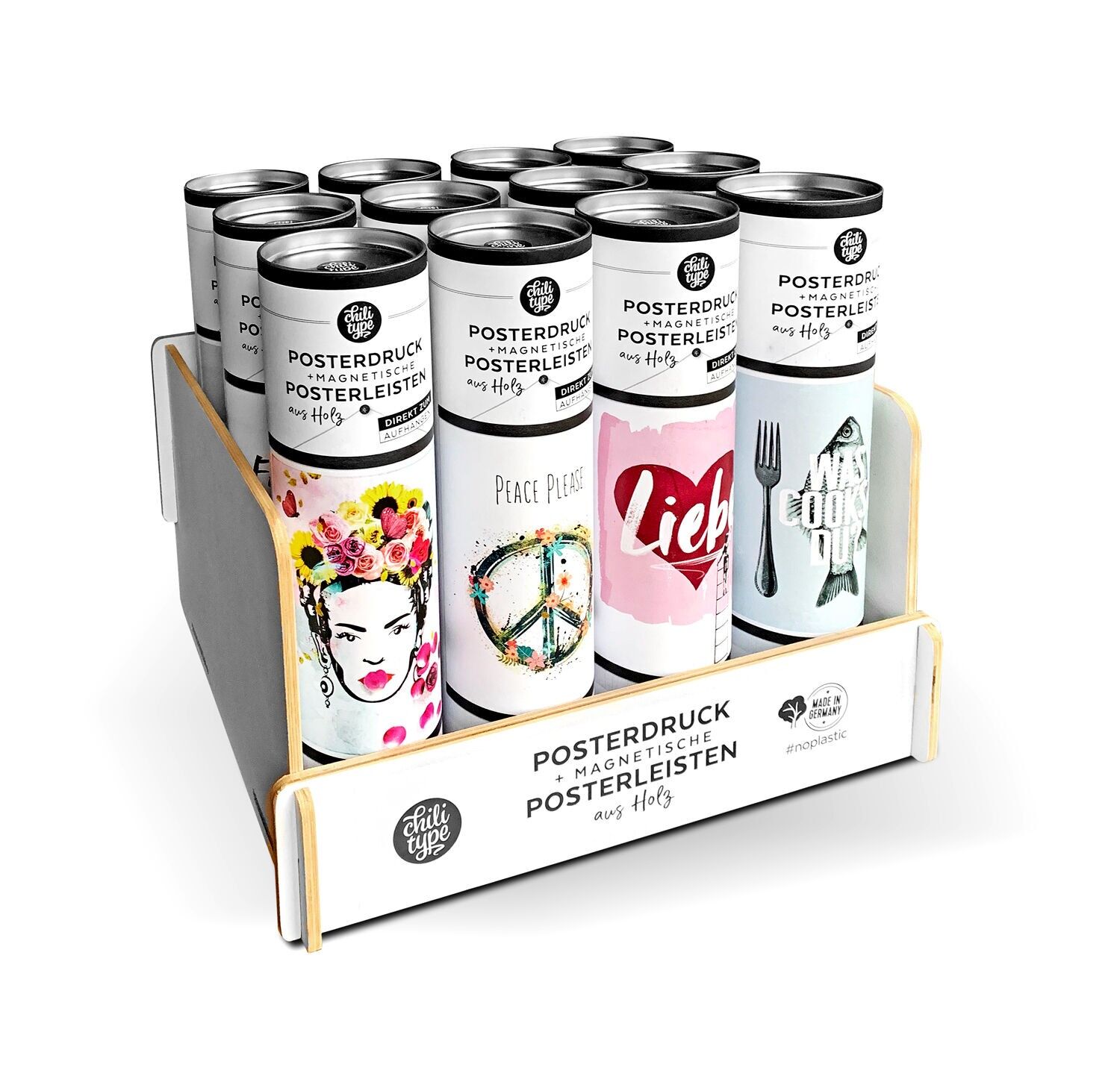 Holzdisplay Posterdrucke für 12 Sets