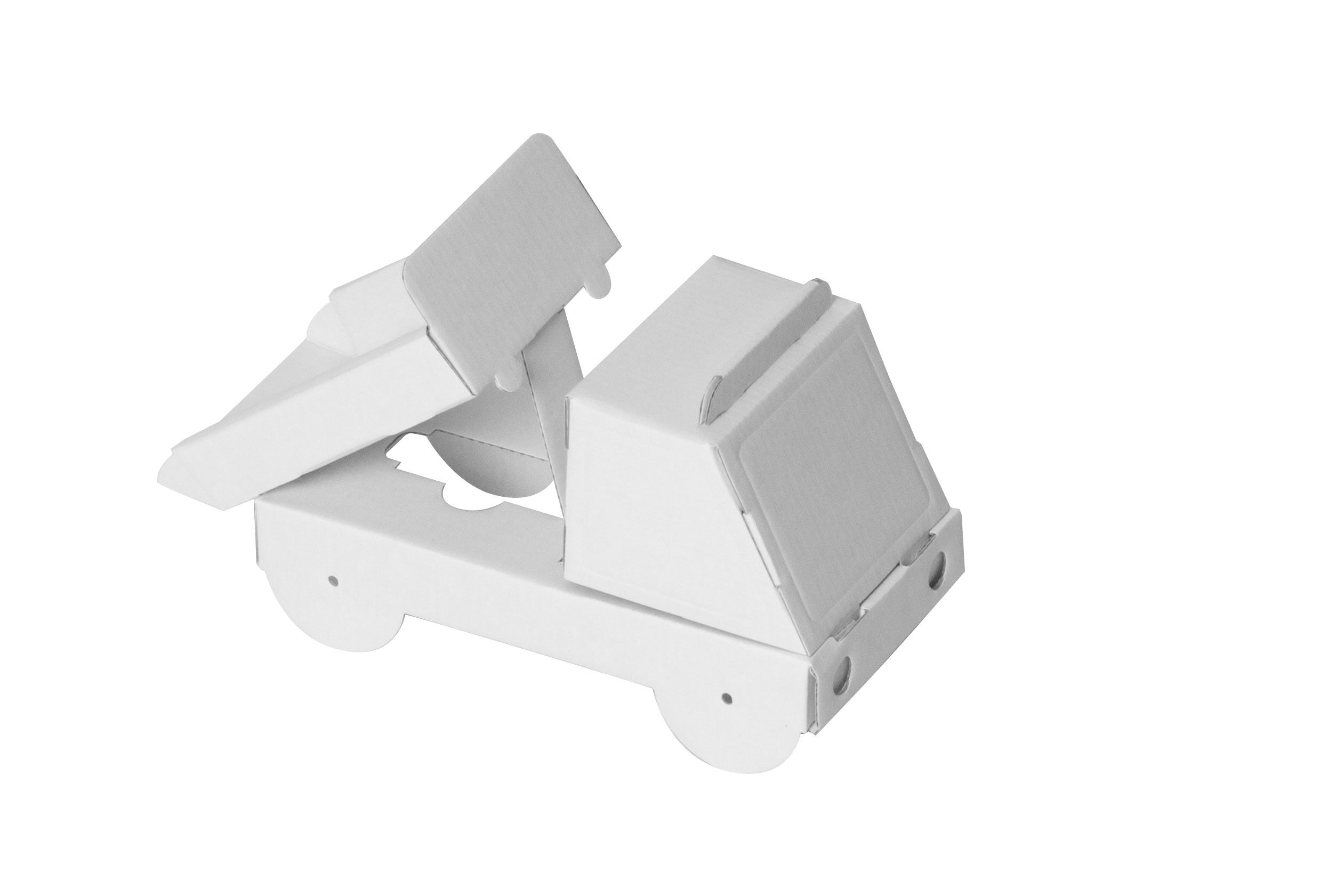 Cardboard tipper truck with folding functions, made of white corrugated cardboard for crafting.