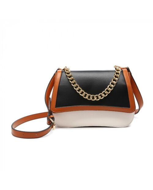 New 2 Tones flap- over cross body bag metal chain shoulder bag vegan PU leather messenger handbag -OL2728P black