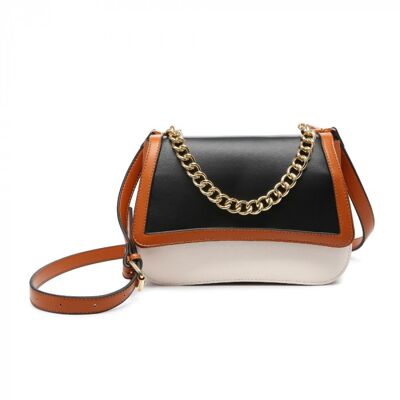 Nuevo bolso cruzado con solapa de 2 tonos, bolso de hombro con cadena de metal, bolso de mensajero de cuero PU vegano-OL2728P negro