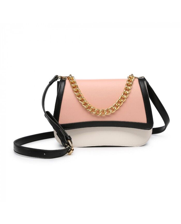 New 2 Tones Überschlag Umhängetasche Metallkette Umhängetasche veganes PU Leder Messenger Handtasche -OL2728P pink
