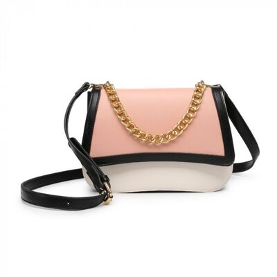 New 2 Tones flap- over cross body bag metal chain shoulder bag vegan PU leather messenger handbag -OL2728P  pink