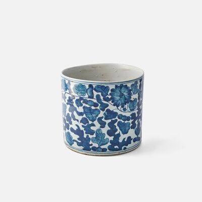 Floral Planter - Large - Blue and White - Antiqued Look