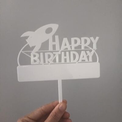 Rocket Happy Birthday Cake Topper 3mm White