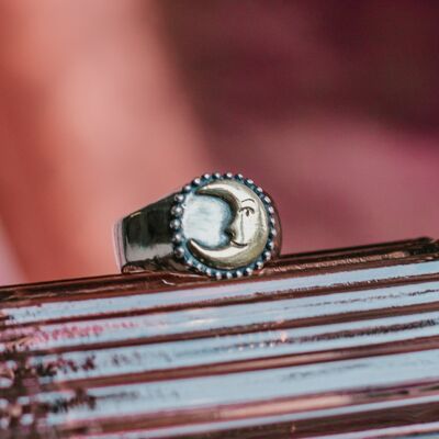 Sterling Silver Signet Ring With Golden Moon