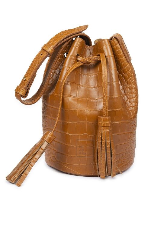 Mini bucket bag grabado en coco soft caramel Leandra