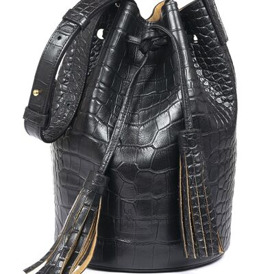 Mini bucket bag embossed in black soft coco Leandra